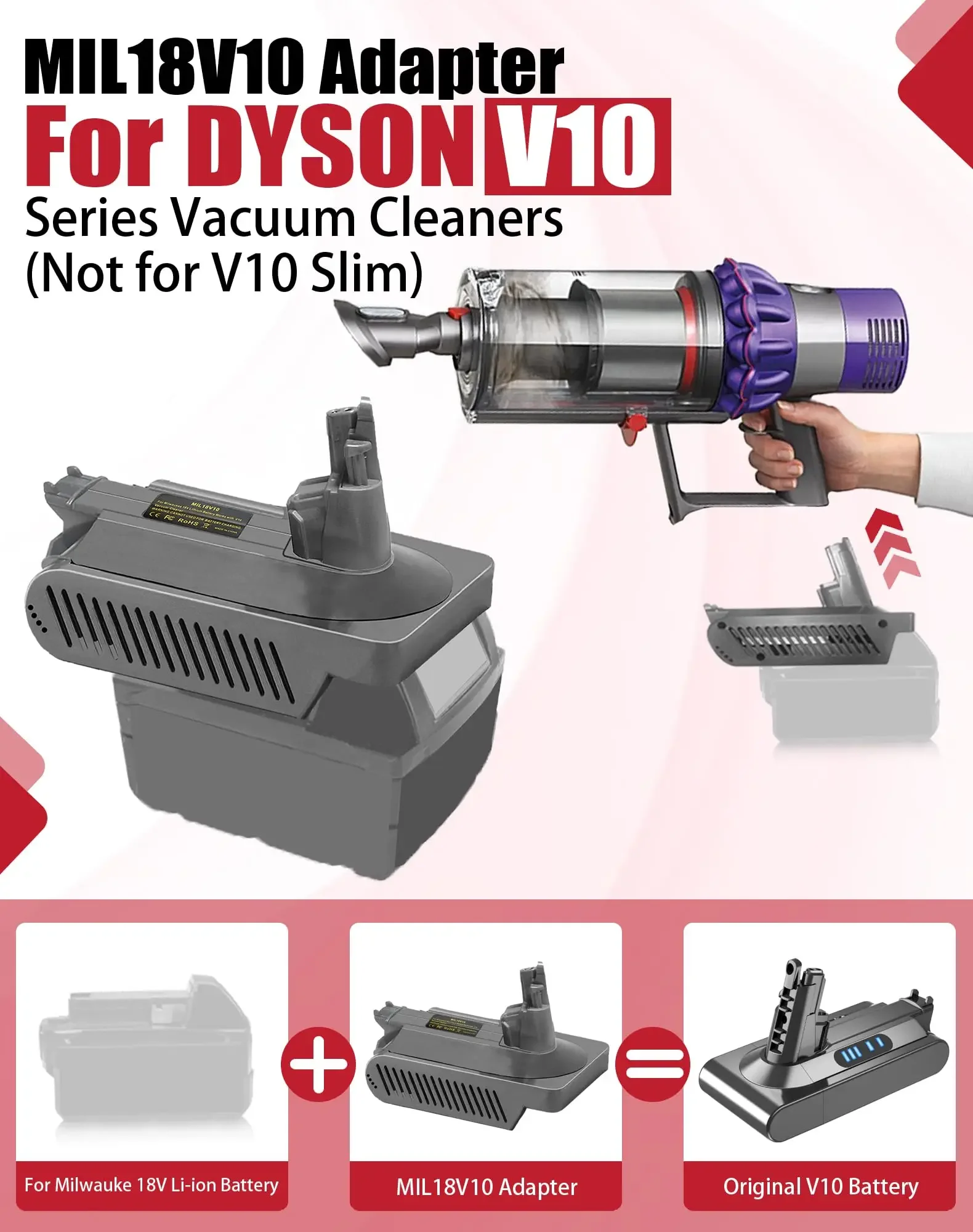 Se adapta a baterías de iones de litio Milwaukee de 18V, adaptador de batería MIL18V10 Compatible con aspiradora de pelo de animales Dyson V10 - imagen 4