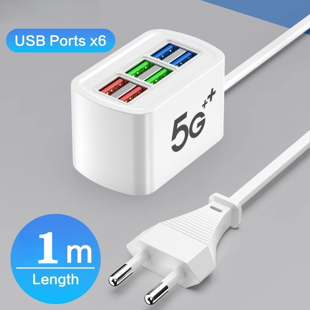 Cargador USB Universal de 6 puertos, adaptador de regleta de carga rápida, toma de carga rápida para iPhone 15 16 Xiaomi, enchufes de cargador de pared