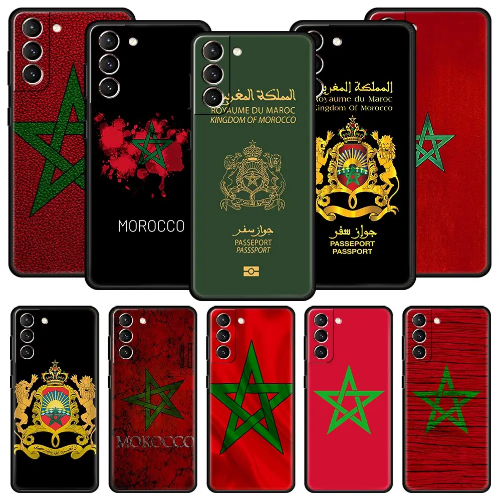 Funda de teléfono con pasaporte y bandera de Marruecos para Samsung Galaxy S24 S23 S22 S20 Ultra S21 FE 5G S10 S9 Plus S10E S8 Note 20 funda negra suave