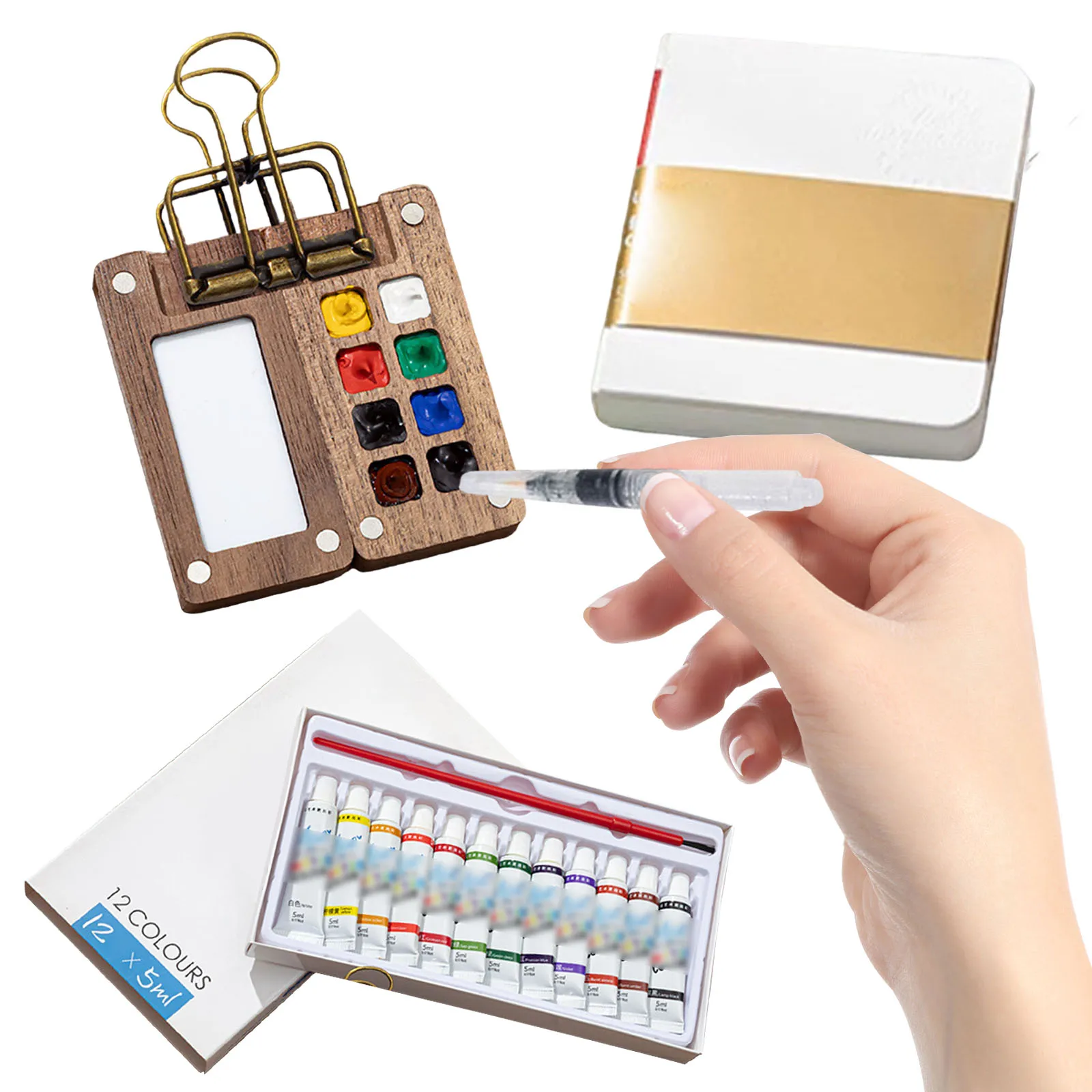 Mini juego de pintura de acuarela, Kit de viaje de bolsillo de madera para artistas con pincel y cuaderno de bocetos, juego de acuarelas portátil para artistas pintores - imagen 2