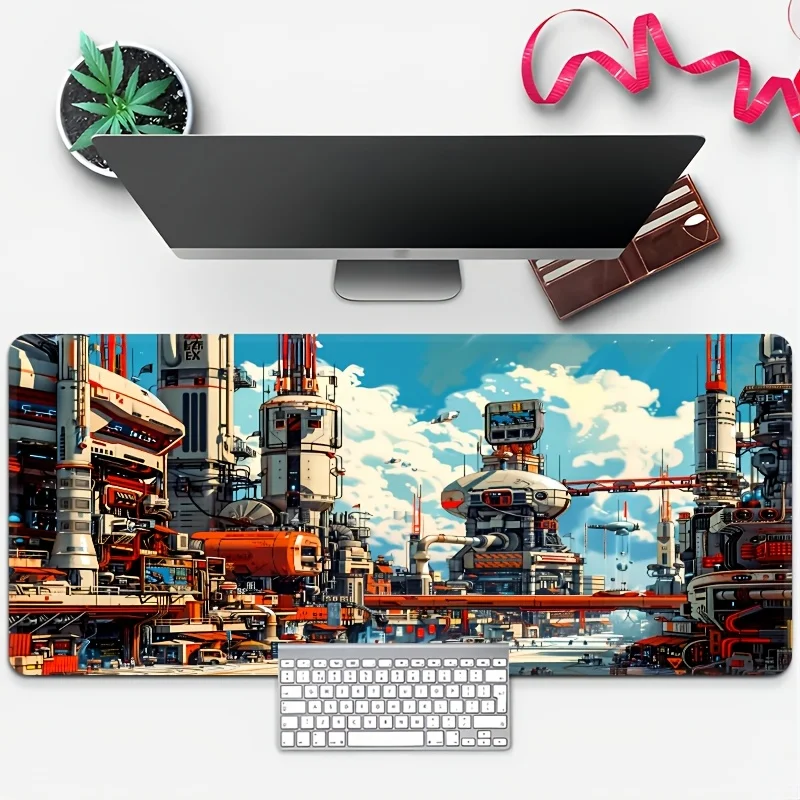 Alfombrilla de ratón con diseño de ciudad de máquina, accesorios de escritorio de PC antideslizantes de goma grande, alfombrilla de ratón para oficinas y teclado de jugador, alfombrilla decorativa - imagen 3