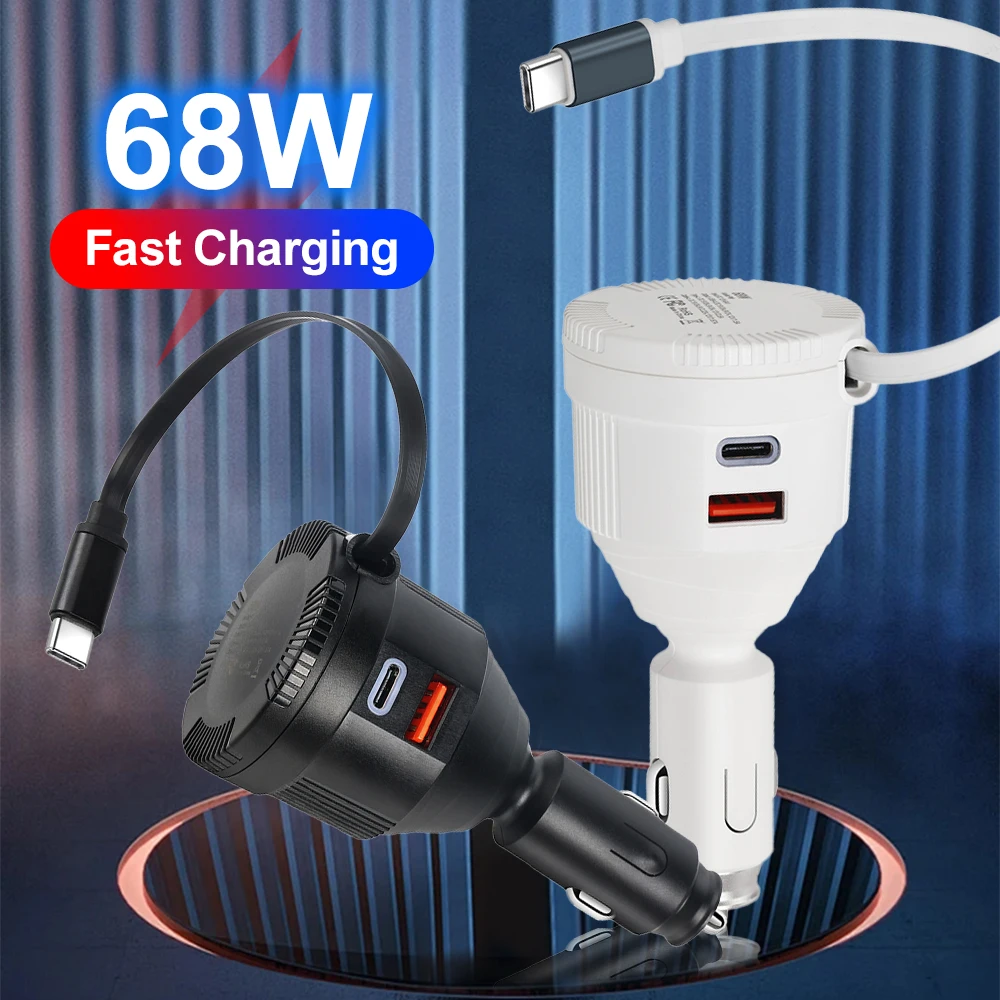 Adaptador de corriente de 68W, Cable USB C, adaptador de cargador retráctil, USB PD, cargador de coche multifuncional para teléfono iPhone Samsung