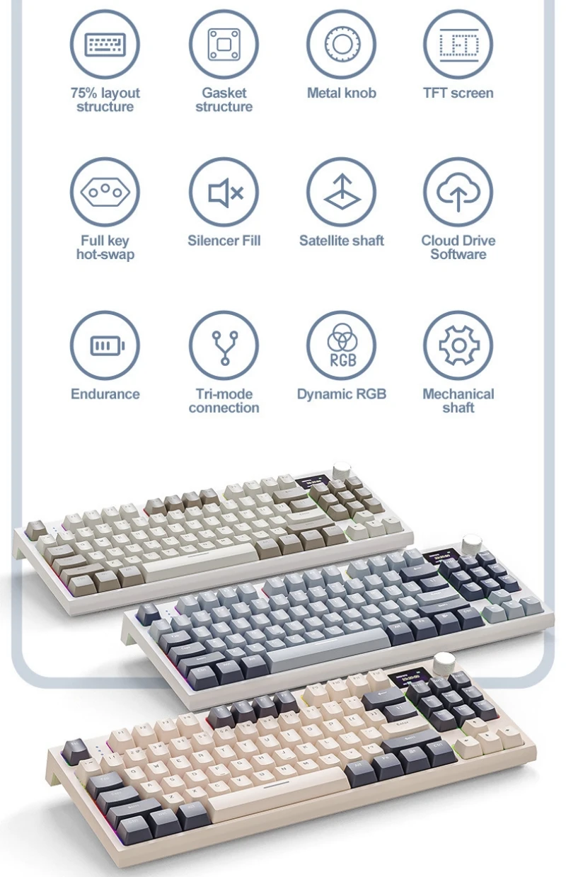 Teclado mecánico español con Ñ K86 Inalámbrico 87 teclas Diseño 75% Hot Swap Español con la Ñ Ruso Coreano Árabe Teclado mecánico Conexión Bluetooth tipo C Luz RGB Pantalla inteligente - imagen 5
