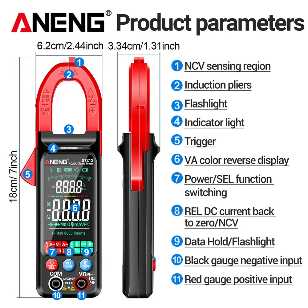 Medidor de pinza Digital multímetro probador ANENG ST212 6000 recuentos corriente CC/CA 400A Amp pantalla grande a Color herramienta de electricista de voltaje - imagen 5