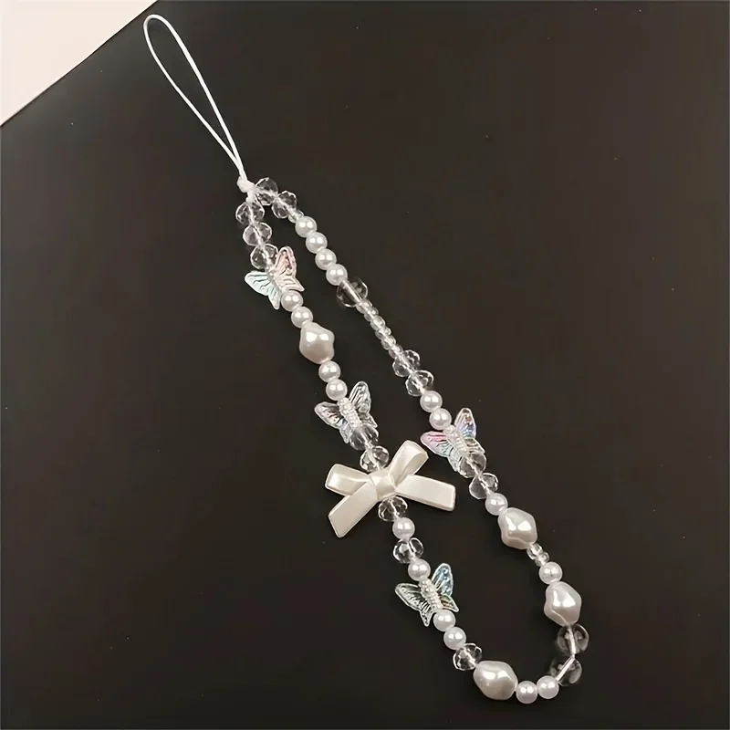 Cordón coreano para teléfono, cadena con lazo de mariposa, cuentas, cuerda colgante, cordón para cámara antipérdida, decoración para bolso
