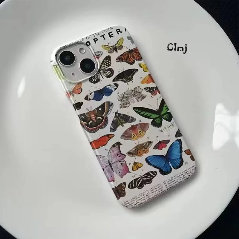 Clmj Vintage coreano mariposa INS funda de teléfono para iPhone 16 15 14 13 12 11 Pro Max XS XR XSMax 6 7 8 Plus brillante HD cubierta dura de PC - imagen 2