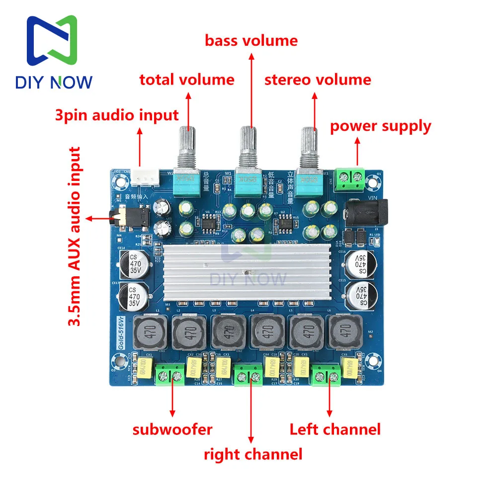 Placa amplificadora de potencia estéreo de doble canal 50W * 2 + 100W TPA3116D Clase 2 módulo amplificador de Audio de 2,1 canales Subwoofer DC 8-24V - imagen 2