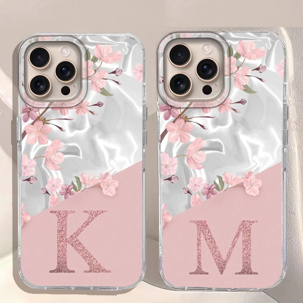 A Z Pink Letter Peach Flower ﻿Phone Case For Apple iphone 15 14 Pro Max Plus Shockproof Silicone Couple Fundas Shell Back Cover - imagen 2