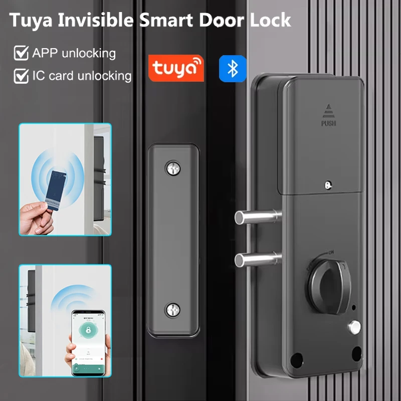Cerradura de puerta Invisible inteligente Tuya, cerradura electrónica para interiores, aplicación TTLock/tarjeta IC/Bluetooth, desbloqueo de puerta de madera para casa, dormitorio y apartamento