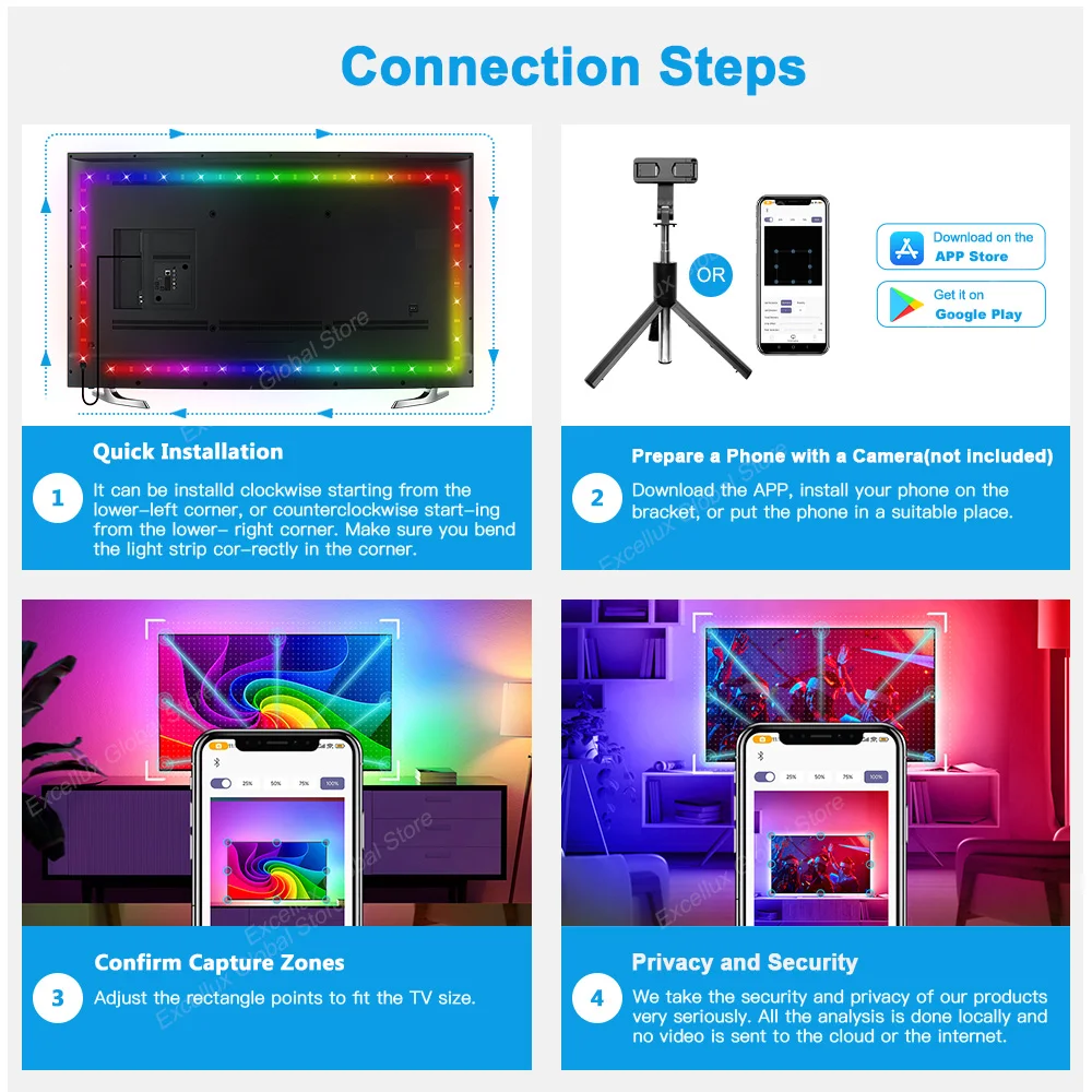 Kit de iluminación ambiental inteligente para TV y PC, tira de luces Led de retroiluminación, sincronización de Cámara por aplicación, USB, cinta RGB de sincronización de música para juegos de TV de 17-75 pulgadas - imagen 5