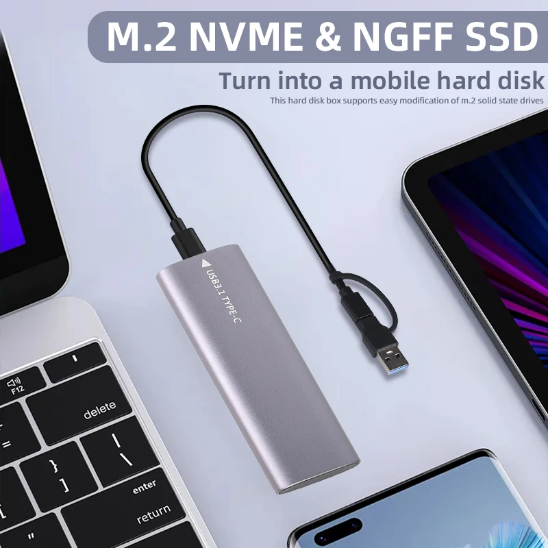 Caja M2 NVMe SSD, caja HDD de 10Gbps, M.2 NVME NGFF a USB 3,1, carcasa SSD externa, Cable tipo A a tipo C para 2230/2242/2260/2280