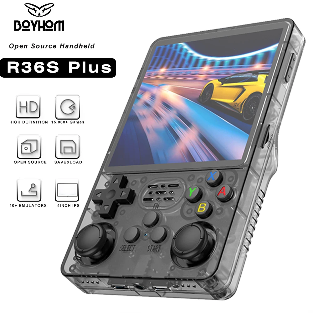 BOYHOM-consola de juegos portátil R36S Plus, sistema Linux de 64 bits, pantalla grande IPS de 4 ", reproductor de vídeo portátil de bolsillo RK3326 R36PLUS