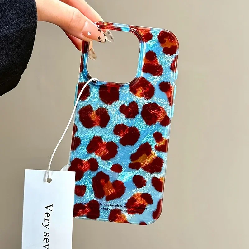 Fondo azul funda de teléfono con estampado de leopardo marrón para iPhone 16 15 14 13 12 11 Pro Max XS X XR 7 8 Plus SE 2022 cubierta de parachoques transparente - imagen 2