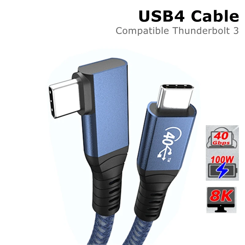 Cable Compatible con USB4 de ángulo recto de 1m/3 pies tipo C TB4 TB3 datos 40Gbps 8K @ 60Hz 20V 5A con soporte de carga de 100W DisplayPort Alt Mo - imagen 2