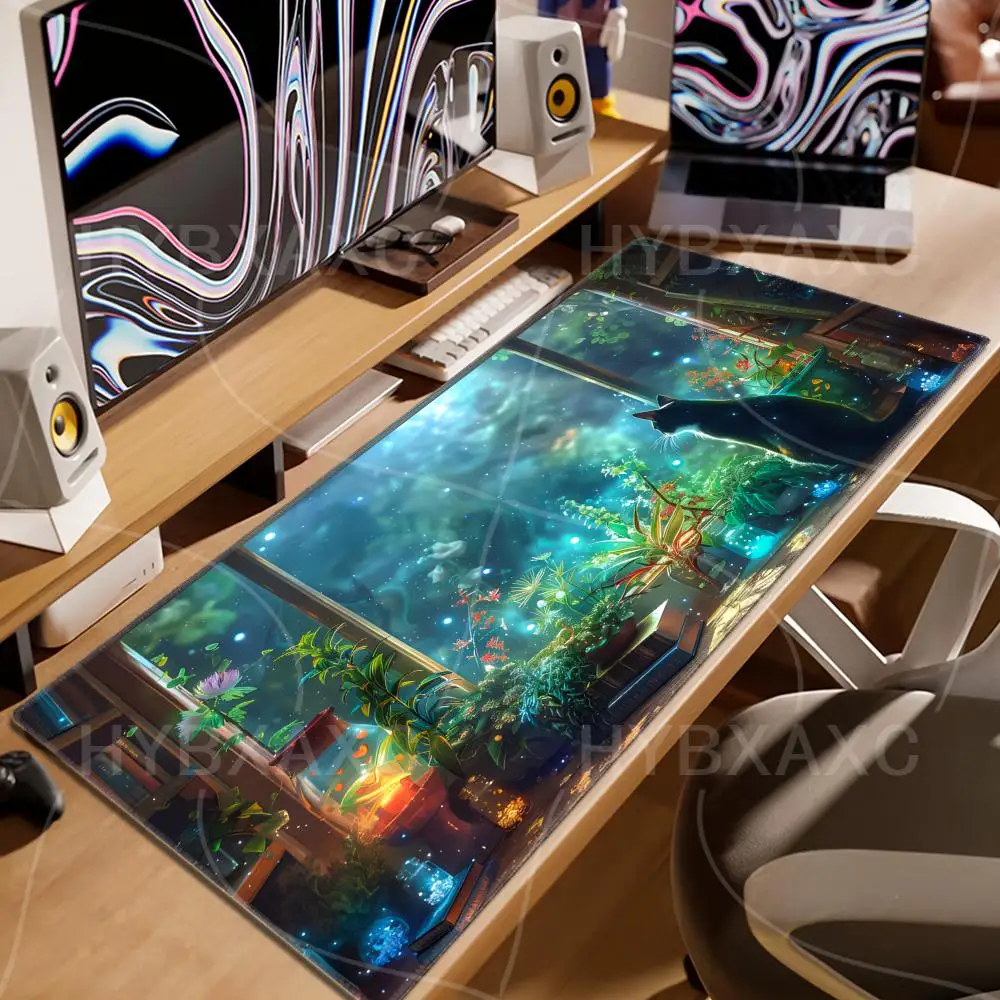 Alfombrilla de ratón con diseño de gato negro y plantas verdes para dormitorio, alfombrilla grande para mesa de oficina y ordenador, alfombrilla antideslizante de goma para teclado para juegos - imagen 2
