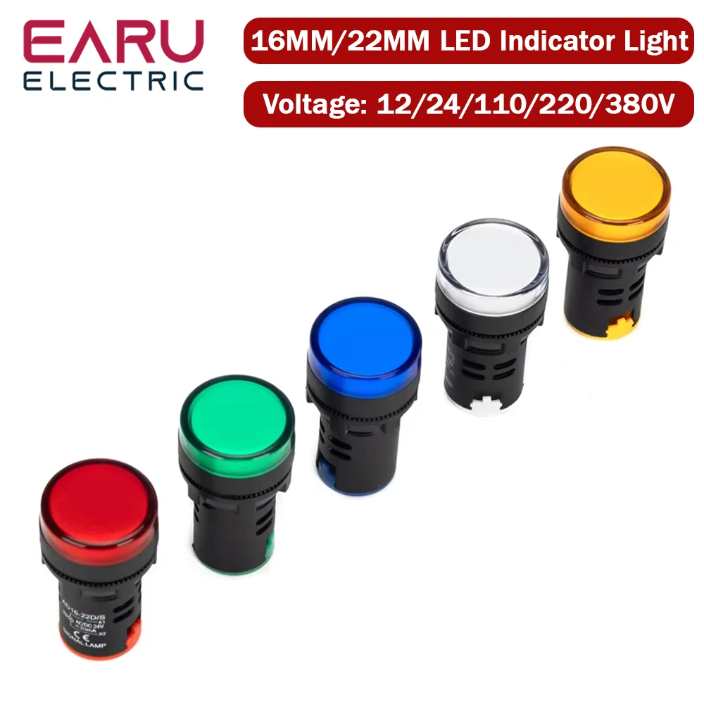 16MM 22MM LED indicador electrónico de potencia lámpara de luz de señal piloto AC DC 12V 24V 110V 220V 380V Panel rojo verde amarillo azul blanco
