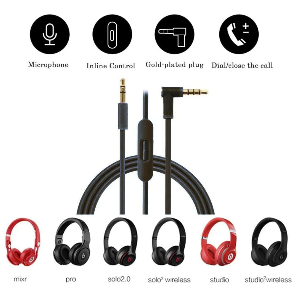 Cable de Audio auxiliar de 3,5mm, Cable de extensión de auriculares con micrófono en línea y Control para Beats by Dr Dre Solo Studio Pro - imagen 4