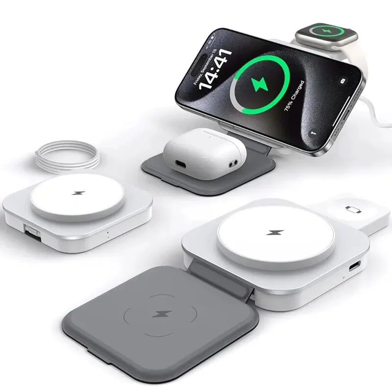 Soporte de cargador inalámbrico magnético plegable 3 en 1 Macsafe para iPhone 15 14 13 12 Apple Watch 8 7 6 Airpods estación de carga rápida