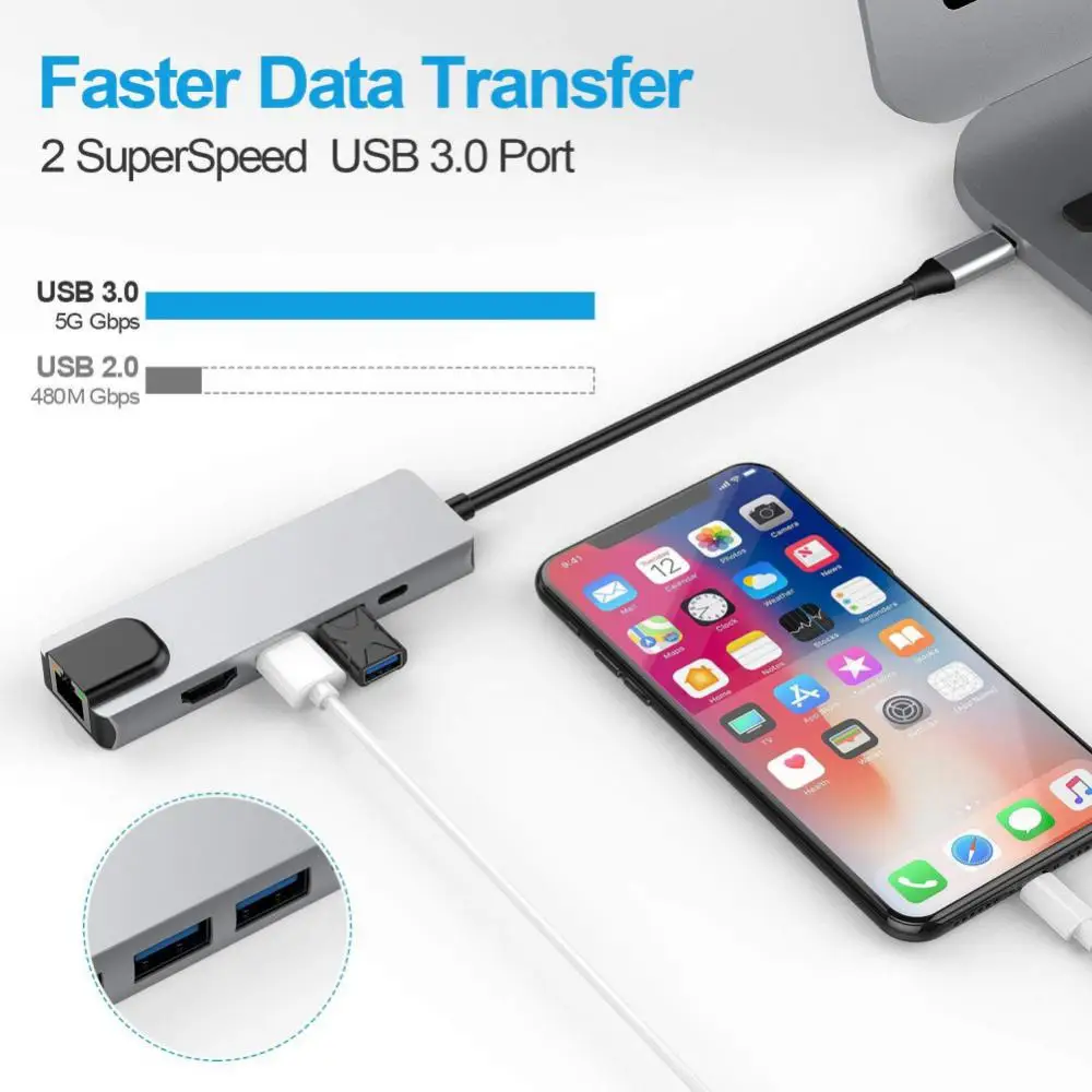 Adaptador 5 en 1 USB C Hub tipo C a 4K HD con red RJ45, adaptador de puerto de cargador Lan Ethernet de 1000M para Macbook Pro - imagen 4