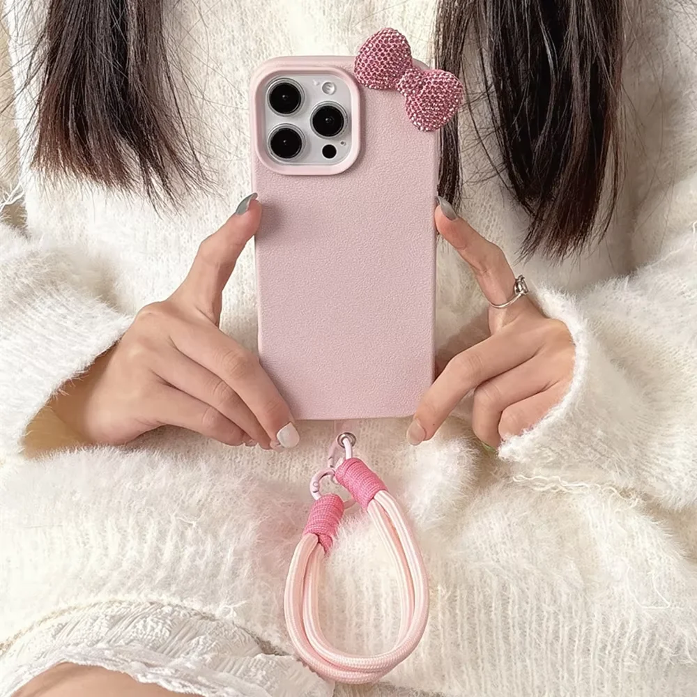 Funda de teléfono suave con patrón de Litchi y lazo de diamantes de imitación 3D para iPhone 11 12 13 14 15 16 Pro Max Plus 16E X XS XR con cubierta de cuerda con cordón - imagen 4
