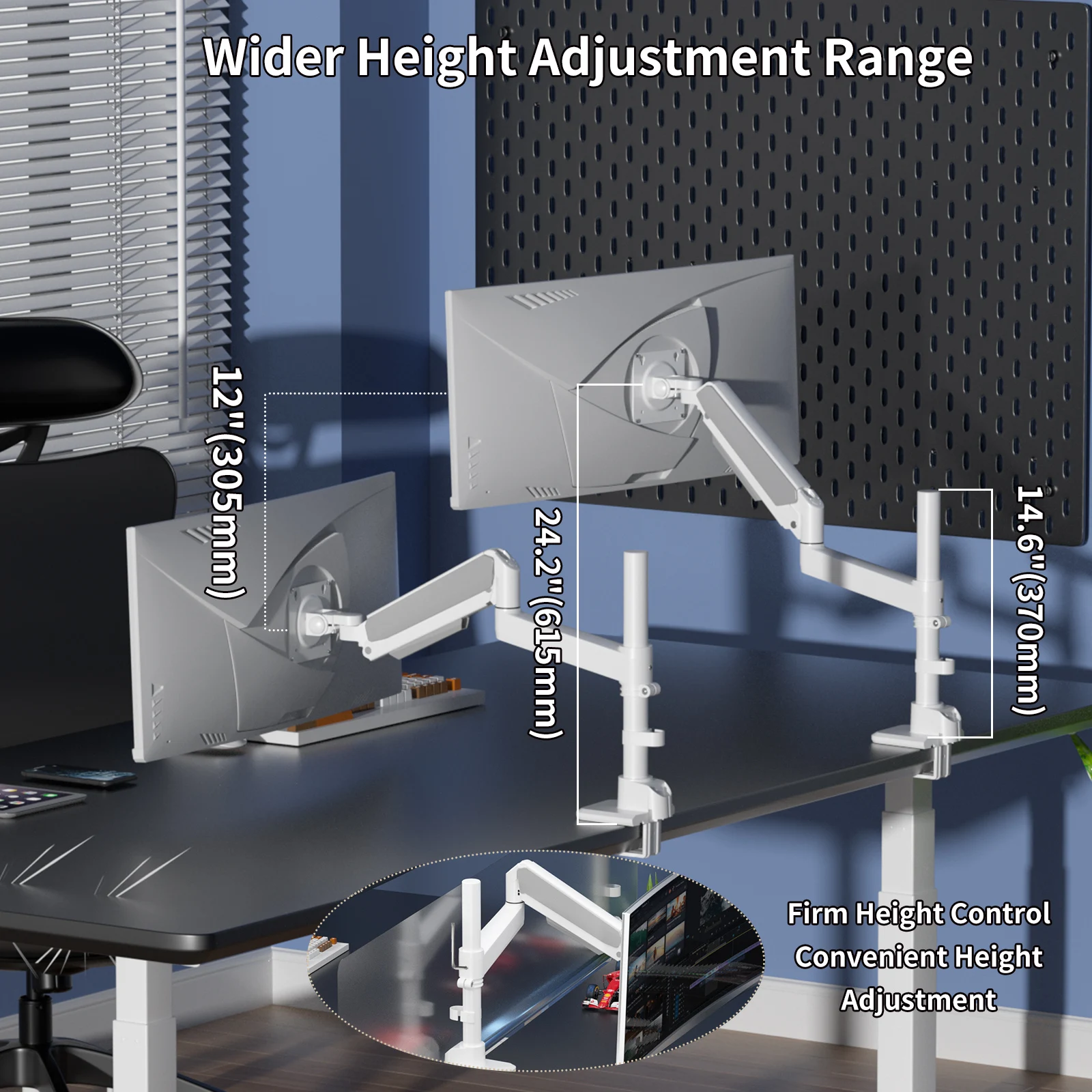 Brazo de monitor para 17 a 60 pulgadas, soporte de escritorio resistente totalmente ajustable, soporte de monitor compatible con 57 55 49" blanco H9 - imagen 4