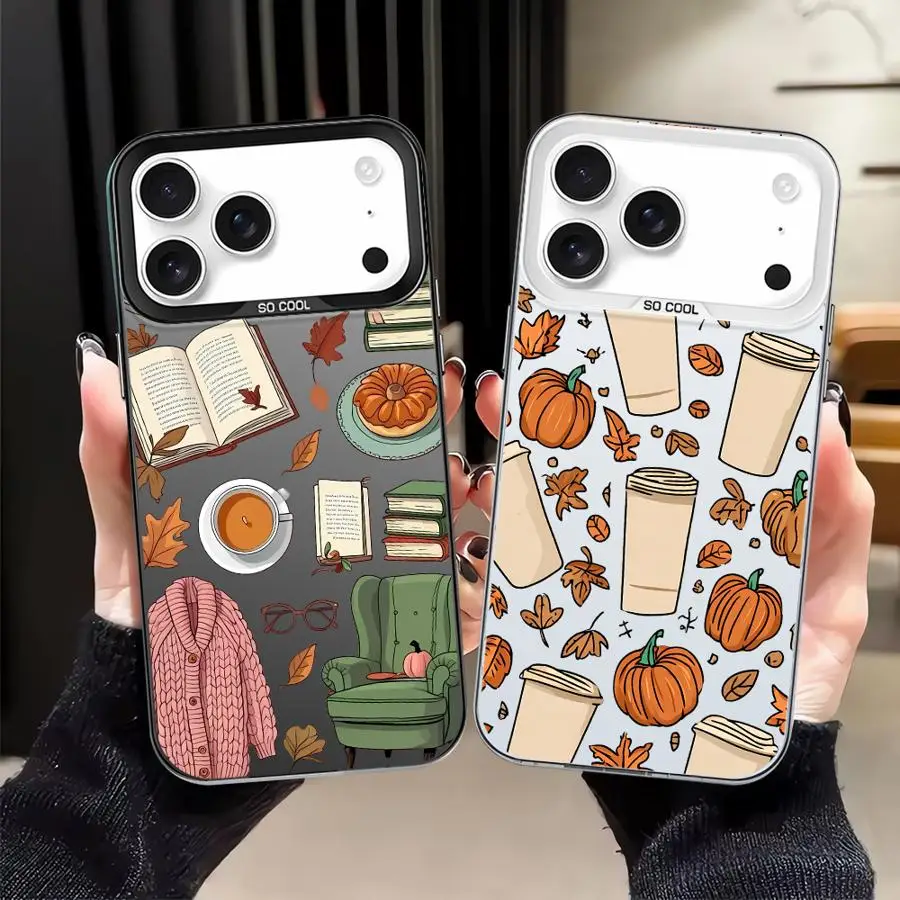 Funda trasera de teléfono para iPhone 16 17 Pro Max 14 XS 17Air 16e 15 Plus XR 12 13 11 hoja de arce de calabaza de dibujos animados