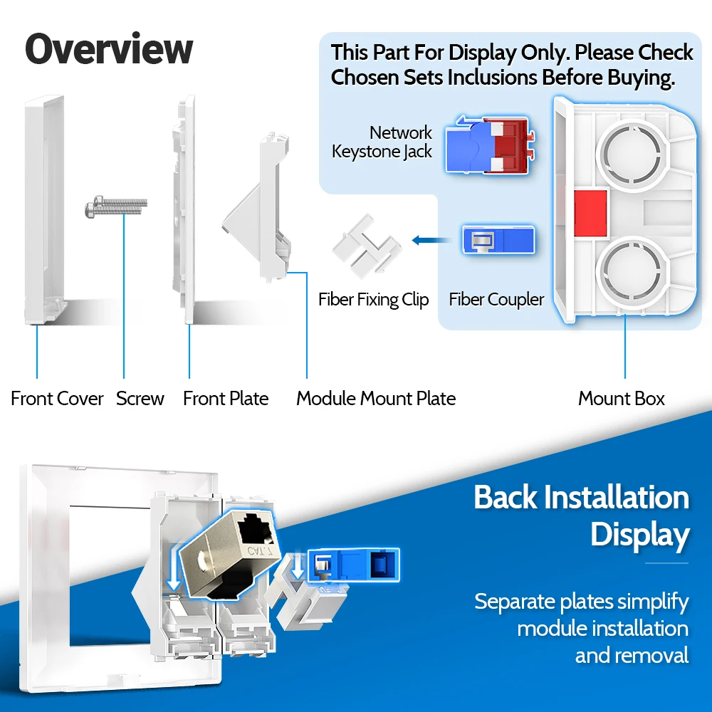 Placa frontal en ángulo AMPCOM de 86x86mm con soporte de acoplador de fibra óptica, adecuada para fibra óptica, RJ45 y RJ11, módulos Keystone de teléfono - imagen 4