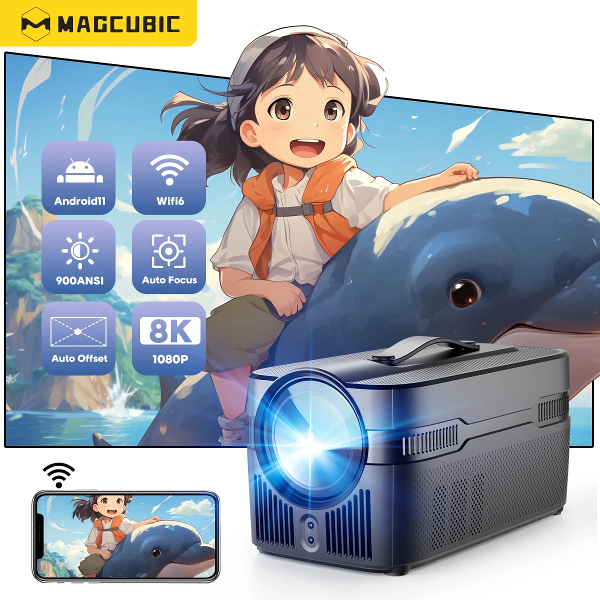 Proyector Magcubic Auto Focus 900ANSI de alcance ultracorto con compensación automática 1080P 8K HD WiFi6 BT5.4 Allwinner H716 Voice nuevo HY450 - imagen 3
