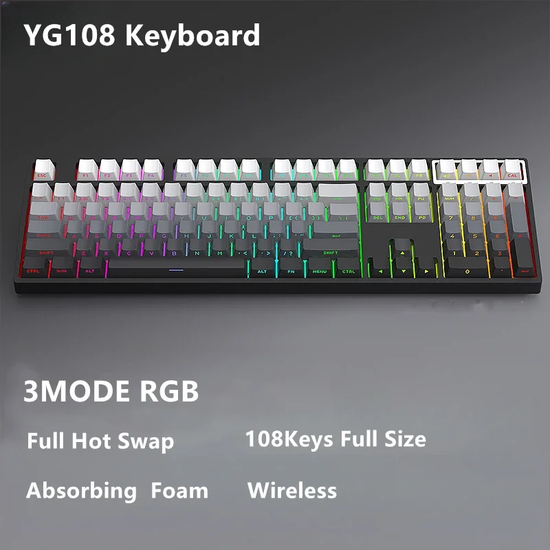 MATHEW TECH YG108 Teclado mecánico 100% 108 teclas Teclado mecánico RGB de 3 modos inalámbrico personalizado con panel numérico