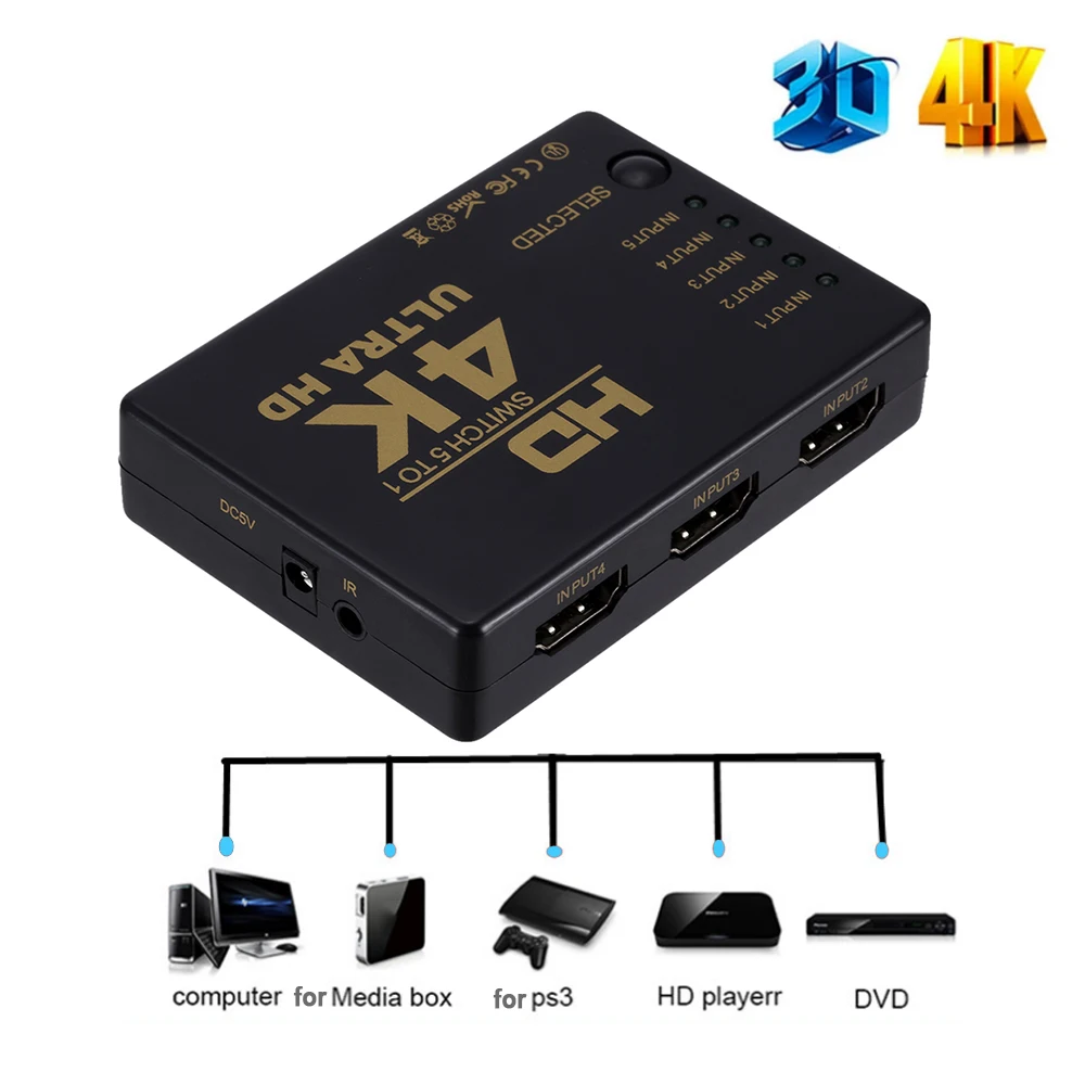 Conmutador compatible con HDMI 1x5 Puerto 5 en 1 out HD 4K * 2K Switch Selector Splitter Hub con IR Remote 3D para PS3 Xbox 360 HDTV - imagen 5