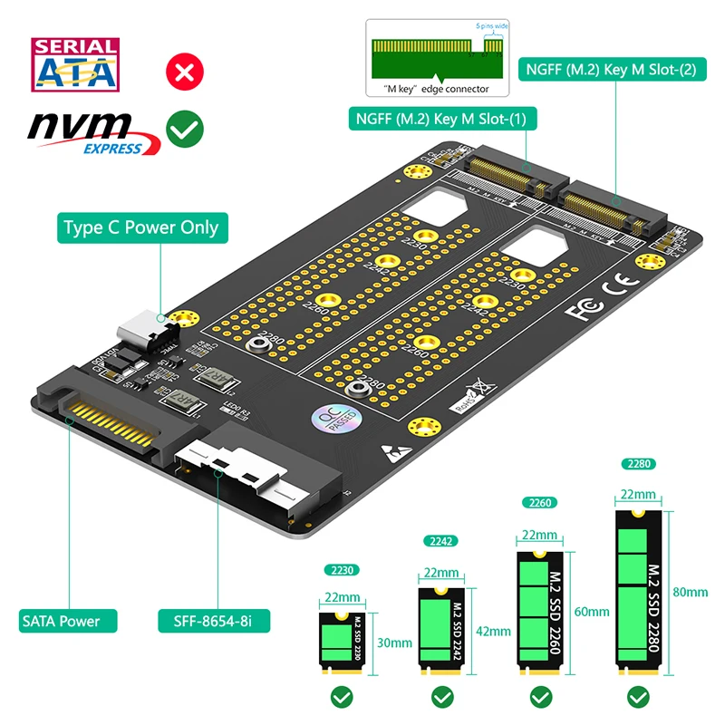 Soporte PCIe bifurcación Dual M.2 NVME M Key a SFF-8654 8i adaptador M2 SSD placa de tarjeta elevadora SATA tipo C placa base de fuente de alimentación - imagen 2
