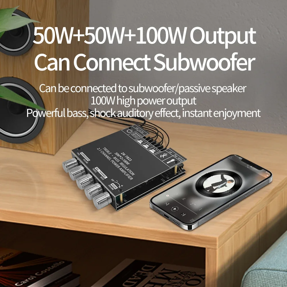 Placa amplificadora para subwoofer ZK-TB21, compatible con Bluetooth 5,0, 50W x 2 + 100W, potencia de 2,1 canales, Audio, estéreo, amplificador de graves TPA3116D2 - imagen 4