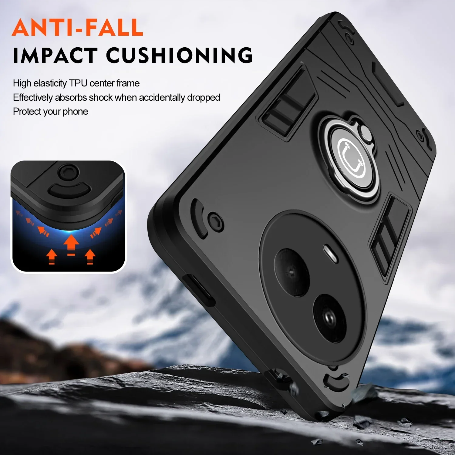 Armadura robusta a prueba de golpes, funda de teléfono para Realme 11 5G Global 11x, ventana deslizante, soporte de anillo de Metal, marco de TPU, cubierta trasera de plástico - imagen 2