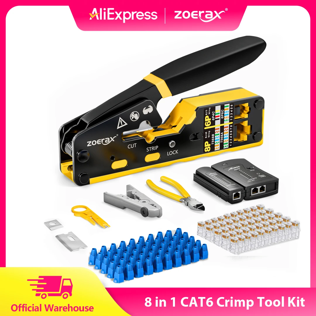 ZOERAX Kit de herramientas de engarzado RJ45 8 en 1, herramienta de engarzado, probador de cables, cortador de cables, cuchillas, 50 conectores Cat 6 y botas de alivio de tensión - imagen 2