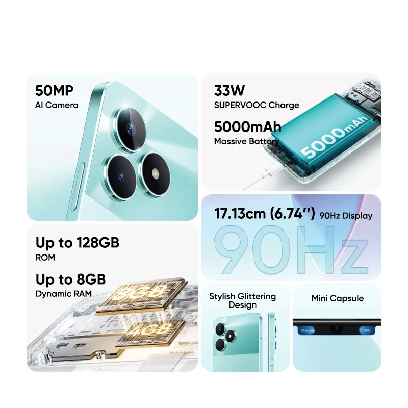 Pantalla realme C51 de 6,74 pulgadas, 90Hz, cámara ia de 50MP, 33W, carga SUPERVOOC, batería de 5000mAh, potente procesador de ocho núcleos - imagen 2