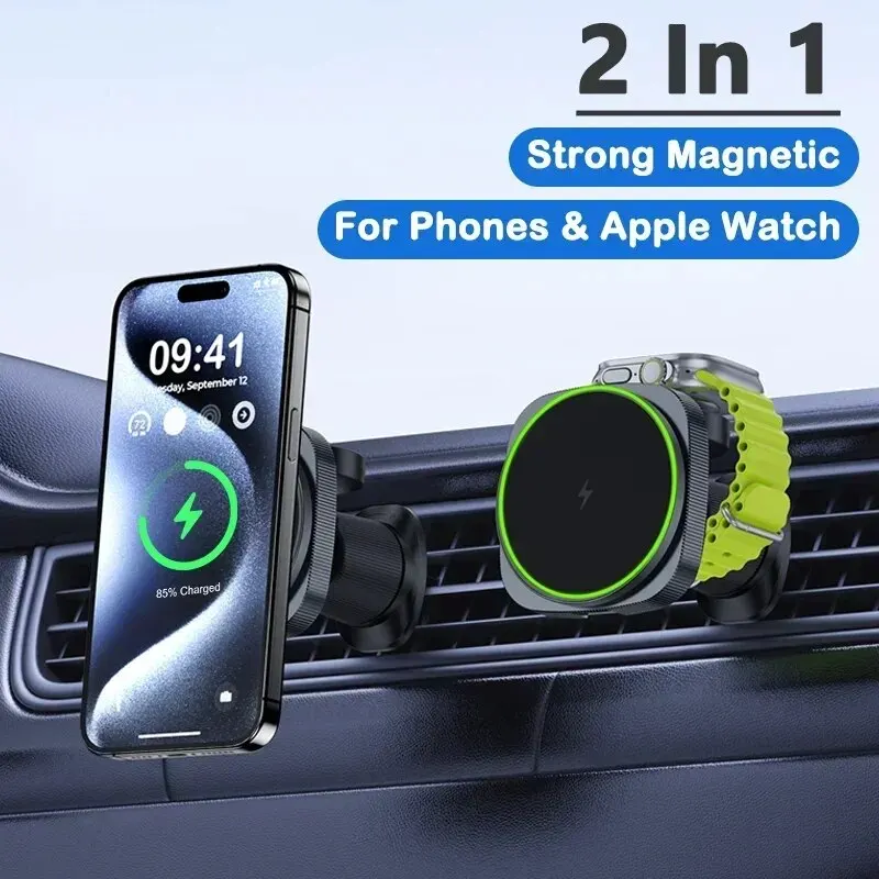 Cargador de coche inalámbrico magnético 2 en 1 para iPhone 15, 14, 13, 12 Pro Max Apple Watch 8, 7, soporte para teléfono Macsafe, soporte para coche, carga rápida