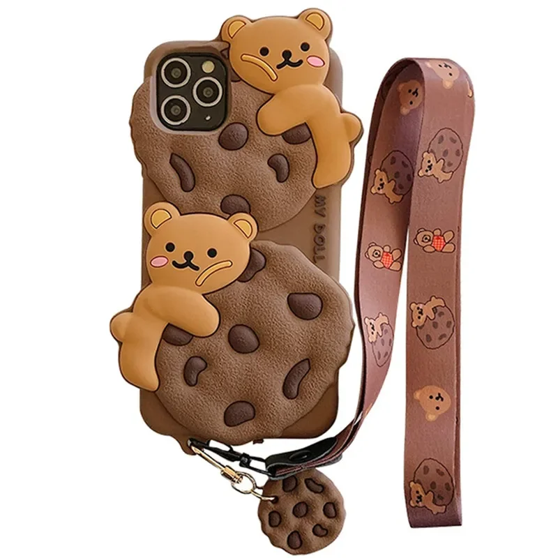 Funda de silicona con dibujo de oso galleta Kawaii para IPhone 14, 13, 11, 12, 15 Pro Max Plus XS XR X 15Pro con funda para llavero con cordón