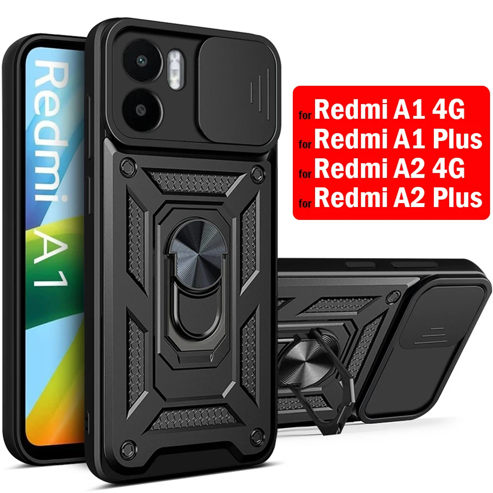 Funda con soporte de armadura para Xiaomi Redmi A1 4G A2, Fundas para Redmi A2 A1 Plus, lente de cámara deslizante, anillo protector, soporte para teléfono - imagen 2