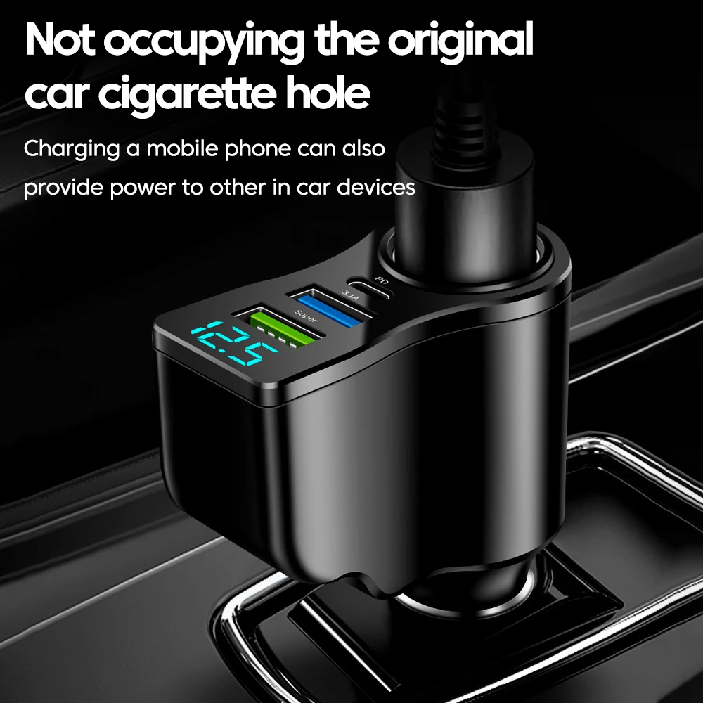 Cargador de coche 4 en 1 de 66W, pantalla Digital LED de carga rápida, adaptador de cargador de teléfono para coche QC3.0 para iphone, samsung, huawei, xiaomi - imagen 2