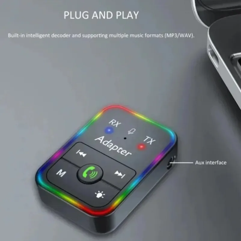 Transmisor o receptor inalámbrico Bluetooth 5,3 2 en 1 para coche, luz RGB, manos libres con micrófono, conector auxiliar de 3,5mm, adaptador de Audio, reproductor MP3 - imagen 4