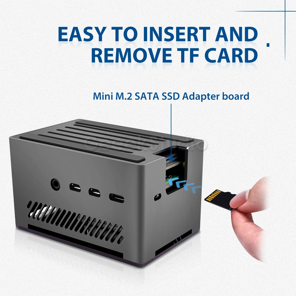 Raspberry Pi 4 Modelo B Caja NAS de ladrillo de aluminio Carcasa de cierre negra con ventilador de enfriamiento de torre de hielo 4010 M.2 SATA SSD para RPI 4B - imagen 4