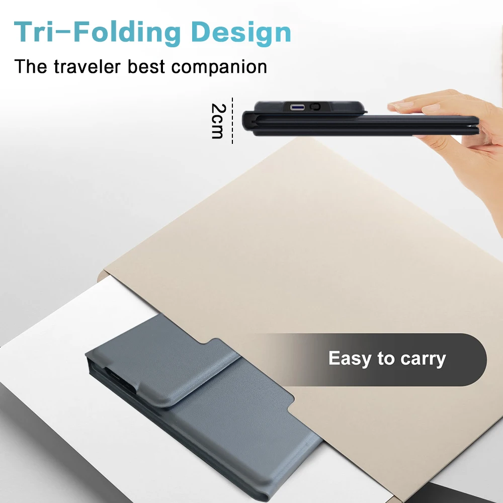 Jomaa Teclado Bluetooth Tri plegable Funda de cuero Teclado inalámbrico plegable recargable con botón táctil derecho izquierdo - imagen 4