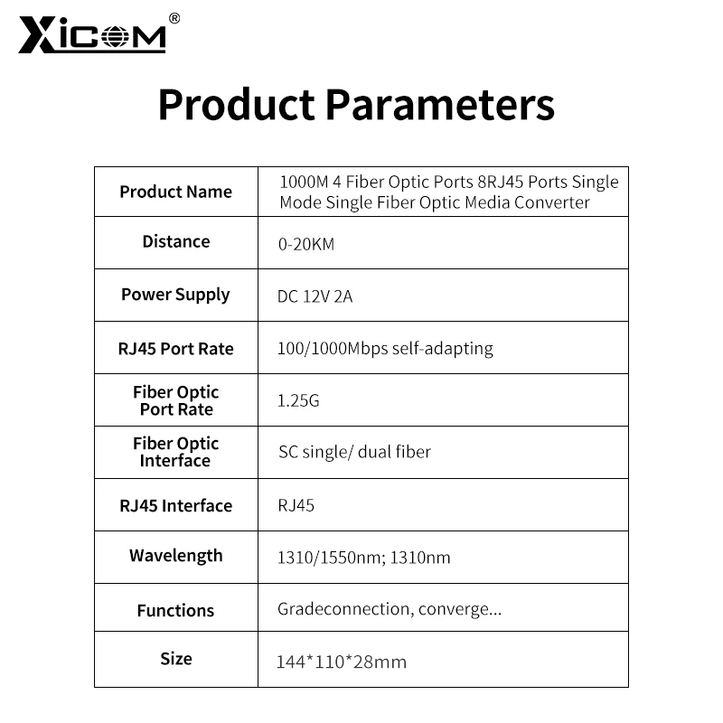 Convertidor de medios de fibra, conmutador Gigabit Ethernet, transceptor SC, modo único, 20KM, 1000M, 4 puertos de fibra, 8 puertos RJ45, simple/dúplex, 1 unidad - imagen 5