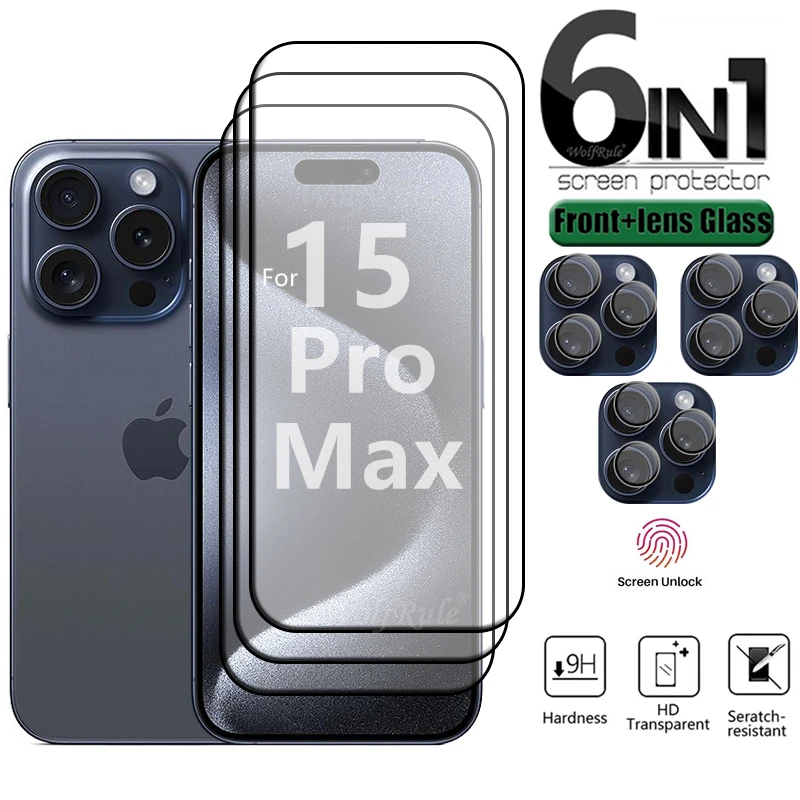 6 en 1 para iPhone 15 pro Max Glass para iPhone 15pro full cover 9h screen protector para iPhone 11 12 13 14 15 PLUS Pro Max Glass