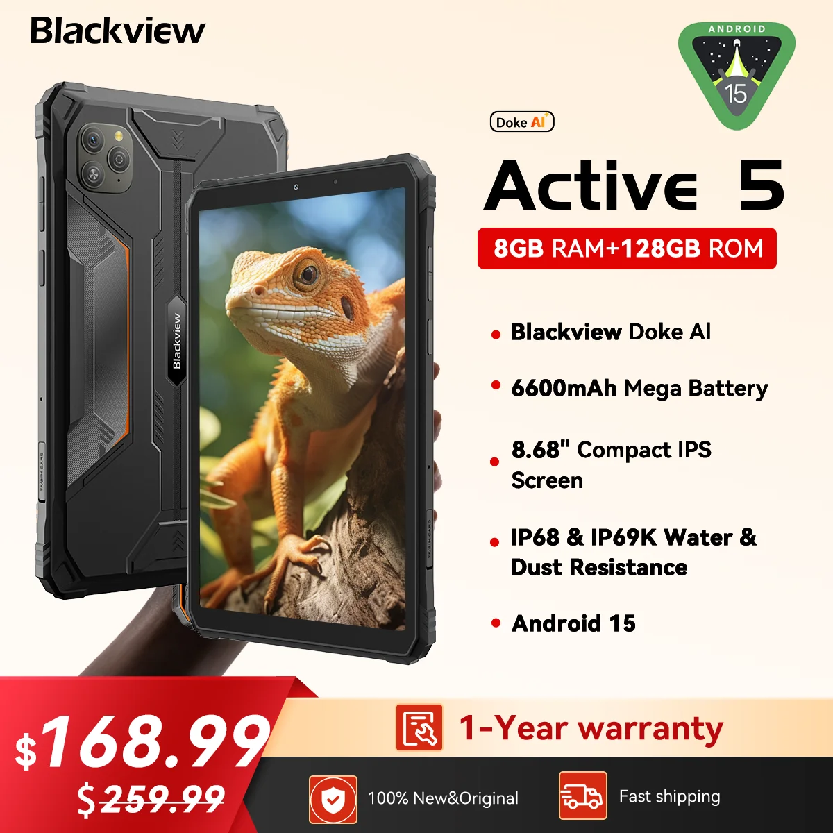 Blackview Active 5 tableta robusta, 8,68 "HD + 90Hz Android 15 Mini Pad, 8GB + 128GB, batería de 6600mAh, impermeable/Dual SIM/IP68/NFC/GPS - imagen 2