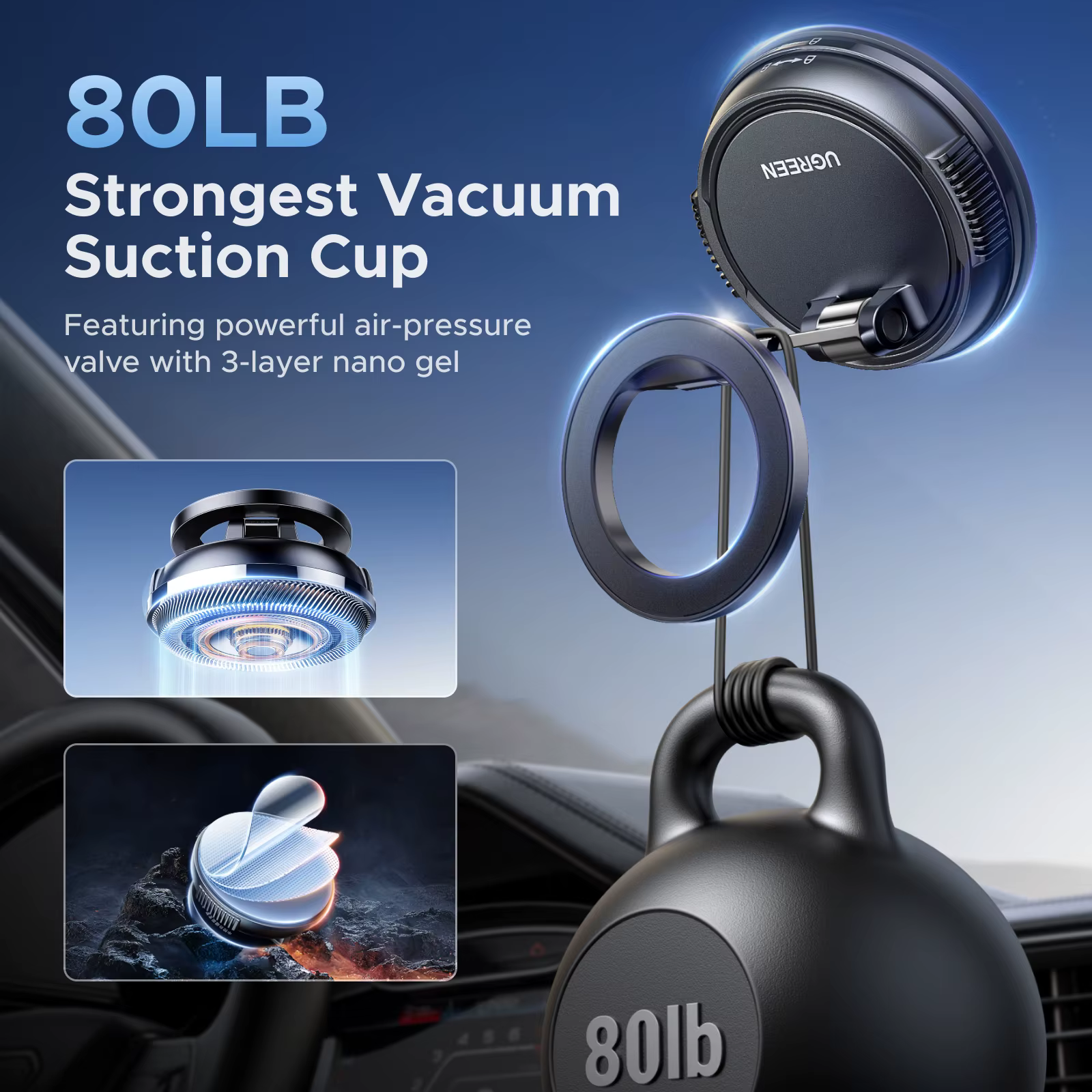 UGREEN Soporte magnético para teléfono de coche Ventosa para salpicadero 360 ° Soporte Giratorio Para Coche Para Magsafe iPhone 16 15 14 ProMax Xiaomi Samsung - imagen 4