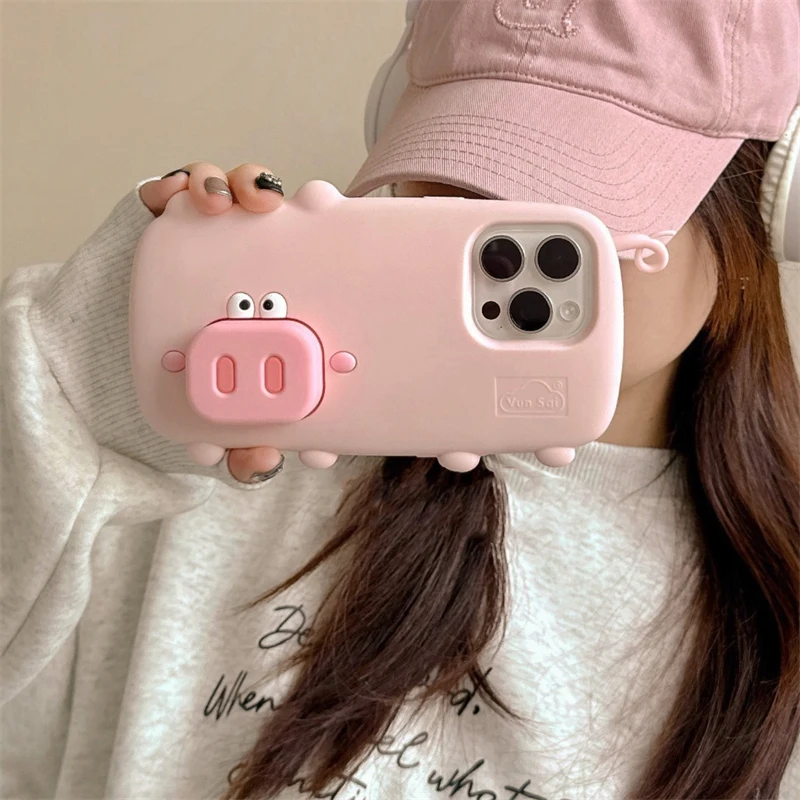 Divertido lindo cerdo rosa soporte plegable funda para iPhone 16 Pro Max 15 13 14 funda trasera de teléfono de dibujos animados de silicona suave - imagen 3