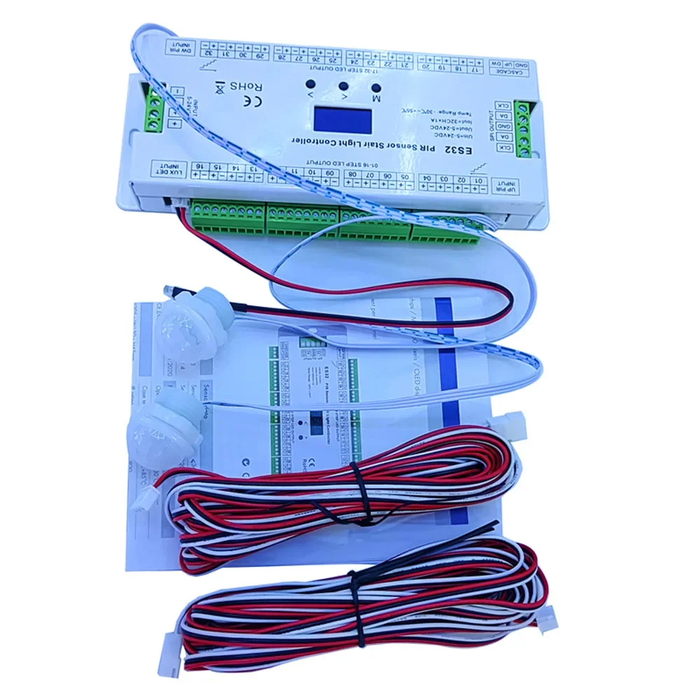 Controlador de luz de escalera con Sensor PIR ES32 de 32 canales, interruptor inductivo infrarrojo de cuerpo humano, Control de lámpara de escalera para cinta SPI de un solo color o