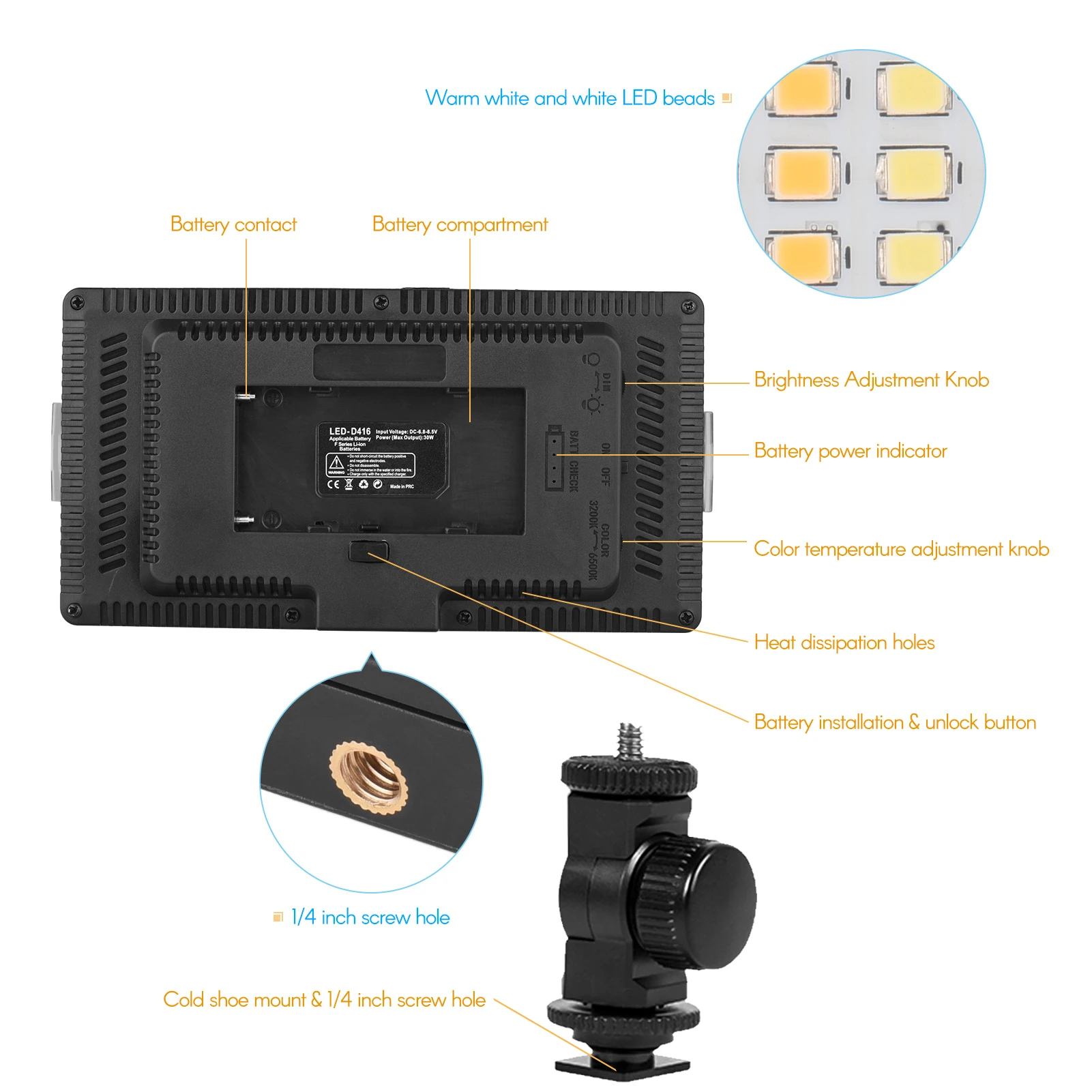 Luz LED-416 para vídeo, Panel de luz profesional para fotografía en cámara, 416 Uds., cuentas de luz brillantes con cabeza de bola con orificio para tornillo de 1/4" - imagen 3
