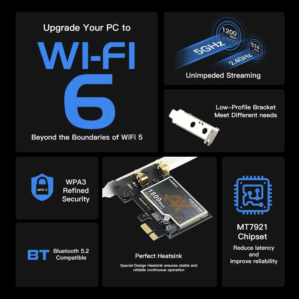 Fvi-adaptador PCIe WiFi 6 para ordenador de escritorio, tarjeta inalámbrica de 1800Mbps, AX1800, BT5.2, 802.11AX, banda Dual, 2,4G/5G, para Win10/11 - imagen 4